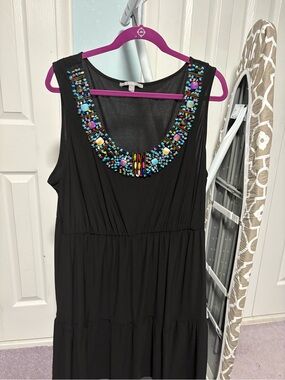 Black Sleeveless Mini Dress with Multicolor Beaded Neckline Size 2x
